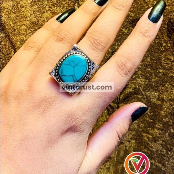Southwestern Style Turquoise Oval Stone Ring, Ethnic Kuchi Ring, Afghan Jewelry, - Picture 1 of 11